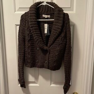 LOFT Brown Cable-Knit Cardigan with Shawl Collar